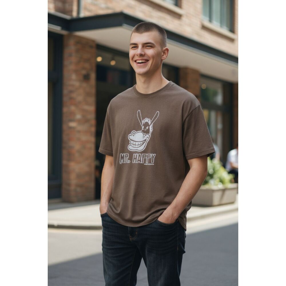 Unisex TNT Brown Mr. Happy Graphic Donkey Mule Funny T Shirt Large